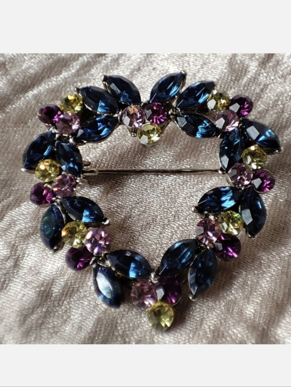 Signed Multi Colored Navette Stone Heart Brooch Sapphire Purple Citrine Pink EUC